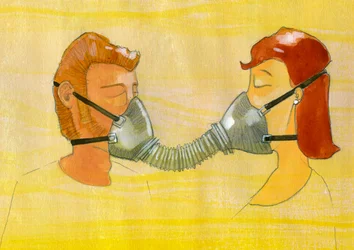 Antecipação, poluição: um casal a partilhar a mesma máscara de gás Ilustração de Alessandro Lonati