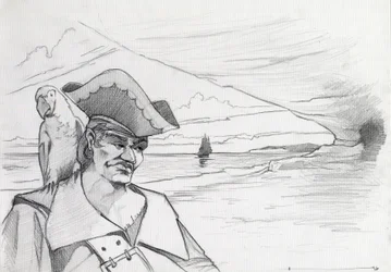 Pirata das Caraíbas com papagaio à procura de um tesouro numa caverna numa praia, com galeão. Desenho de Alessandro Lonati.