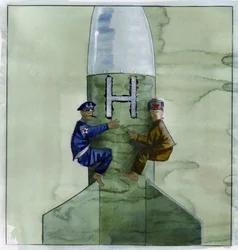 Guerra fria: um oficial americano e soviético agarrado a um míssil nuclear Ilustração de Alessandro Lonati