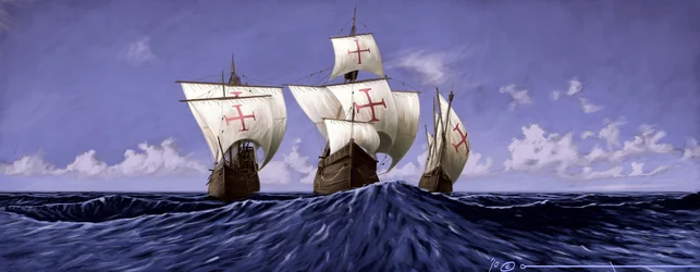 Descubra a América: a "Pinta", a "Nina" e a "Santa Maria", as caravelas de Cristóvão Colombo durante a expedição de 1492. Ilustração de Alesandro Lonati. 2010