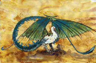 Fabulosa criatura: representação de um dragão dracentado, meio dragão pomba mi. Desenho de Alessandro Lonati