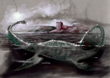 Monstros e criaturas fantásticas, criptozoologia: representação de Nessie, o monstro de Loch Ness na Escócia - Desenho de Alessandro Lonati, 2012
