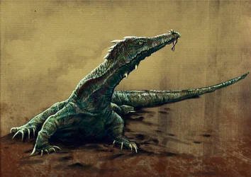 Fantásticos monstros e criaturas, criptozoologia: representação de um buru, um grande lagarto que teria sido visto no nordeste da Índia - Desenho de Alessandro Lonati, 2012