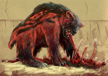 Monstros e criaturas fantásticas, criptozoologia: o urso Nandi, que habita as savanas da Tanzânia e do Quénia (kerit, chimit, kikambungure, duba e sabroukoo) - (Urso Nandi, também conhecido como Ngoloko) Desenho de Alessandro Lonati, 2012