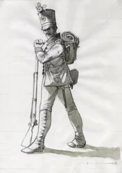 Primeiro Império (1804-1814 e 1815): fato de soldado de infantaria da linha de infantaria do exército austríaco-húngaro (Austro-Húngaro). Desenho de Alessandro Lonati