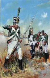 Primeiro Império (1804-1814 e 1815): soldados do grande exército napoleónico em Itália para ajudar um camarada ferido. Desenho de Alessandro Lonati