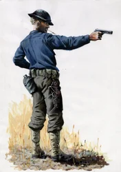 Primeira Guerra Mundial 1914-1918: Infantaria do exército americano com uma pistola, em 1917, na Frente Ocidental. Desenho de Alessandro Lonati