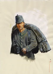 Primeira Guerra Mundial 1914-1918: jager ou caçador austríaco com equipamento de montanha na frente dos Alpes em Itália