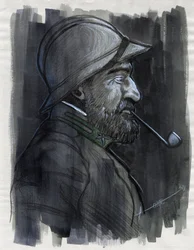 Primeira Guerra Mundial 1914-1918: Retrato de perfil de um soldado do exército italiano fumando o cachimbo em 1915. Desenho de Alessandro Lonati