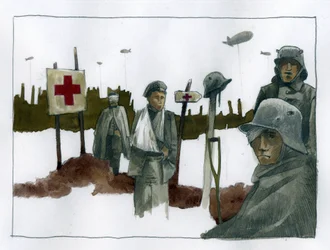Primeira Guerra Mundial: Casseiros de Gules e feridos de guerra no posto de salvamento da Cruz Vermelha - 1914-1918 Ilustração de Alessandro Lonati