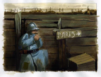 Primeira Guerra Mundial: um exército francês peludo perto de um sinal que indica Paris