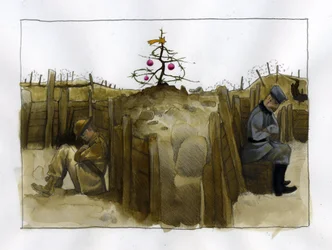 Primeira Guerra Mundial: a solidão de dois soldados inimigos, britânicos (esquerda) e alemães na trincheira, na época do Natal de 1914-1918 Ilustração de Alessandro Lonati