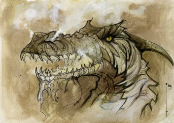 Ilustração de um animal fantástico e lendário: cabeça de dragão a rejeitar fumo através do focinho. Desenho colorido por Alessandro Lonati.