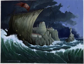 Ilustração do mito da ilha desaparecida sob o Mar da Atlântida: vista da cidade grega da lendária ilha antes do seu desaparecimento. Desenho a cores de Alessandro Lonati.