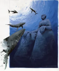 Ilustração do mito da ilha desapareceu sob o Mar da Atlântida: baleias nas profundezas do mar em redor das ruínas da lendária ilha. Desenho colorido de Alessandro Lonati.