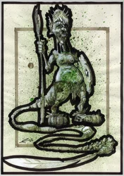 Monstro lendário para uma ilustração fantástica: rosto de uma criatura tribal ou de um guerreiro com lança, escudo e cauda de penas.