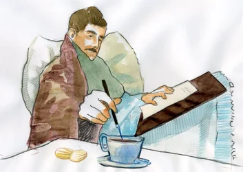 Marcel Proust como um homem doente a escrever com o chá da sua tia Elisabeth (tinta sobre papel)