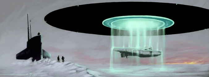 Encontro no Polo Norte entre um submarino U-Boot e um disco voador (OVNI ou extraterrestre) para a restituição de um submarino levado por extraterrestres durante a guerra. Desenho de Alessandro Lonati