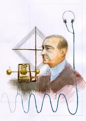 Retrato de Guglielmo Marconi (1874-1937), físico italiano, inventor do telégrafo" (Retrato de Guglielmo Marconi, inventor e engenheiro eléctrico italiano, conhecido pelo seu trabalho pioneiro na transmissão rádio de longa distância e pelo seu desenvolvimen