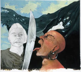 Retrato de um pirata (corsário) desafiando a espada do seu oponente, tocando-lhe com a língua. No fundo do alegre roger (caveira). Desenho colorido de Alessandro Lonati.