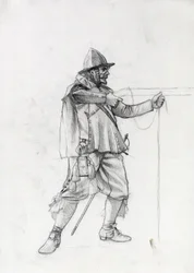 Retrato de um soldado de navio do século XVII a colocar-se numa posição de tiro. Desenho de Alessandro Lonati.
