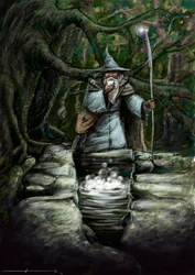 Representação de um druida a beber na maravilhosa fonte do Barenton, na floresta de Broceliande - Ilustração de Alessandro Lonati - 2012 -