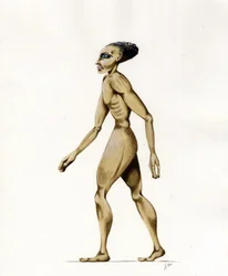 Ilustração de ficção científica: um extraterrestre ou extraterrestre (alienígena ou extraterrestre) do planeta Marte para a conquista do espaço ou universo. Desenho de Alessandro Lonati