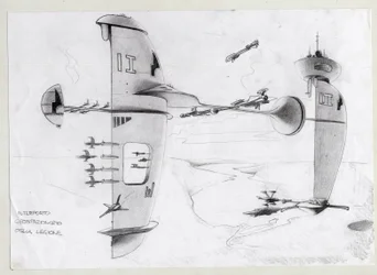 Ilustração de ficção científica: base espacial no universo com naves. Desenho de Alessandro Lonati