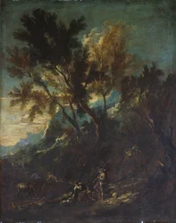 Uma paisagem montanhosa com figuras pastorais