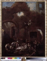Frades capuchinhos à mesa entre as ruínas (óleo sobre tela