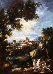 Paisagem com Frades Carmelitas Rezando num Santuário de beira de estrada, c.1720 (óleo sobre tela)