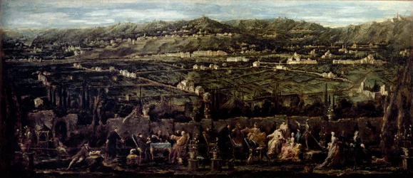 Sala de estar num jardim exterior de Albaro Mondanites. Pintura de Alessandro Magnasco diz il Lissandrino (1667-1749) 1735 ao redor da Galleria di Palazzo Bianco, Genes