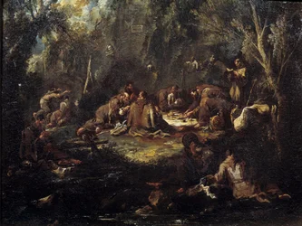 Cena da vida monástica Café da manhã dos monges, orando e lendo em um matagal. Quadro de Alessandro Magnasco