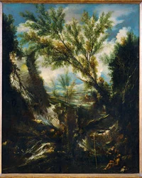 Paisagem tempestuosa com o Profeta Elias e São Jerónimo, Padrinho da Igreja (pintura sobre tela)