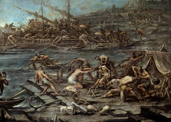O embarque dos galerianos no porto de Genes Detail. Pintura de Alessandro Magnasco (1667-1749). Dim. 1.16 x 1.42. Bordeaux, Museu de Belas Artes