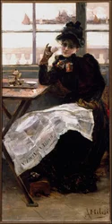Uma mulher de preto, a ler o jornal e a bebericar uma chávena de café num bistrô. Génova, Galleria d