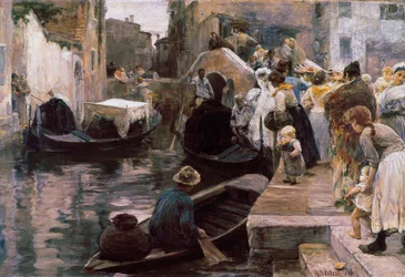 «Casamento em Veneza». Os jovens recém-casados entram numa gôndola. 1897, Roma, Galleria Nazionale d