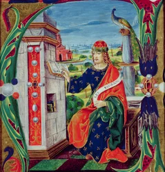 Historiated inicial &39;A&39; representando o rei Salomão, escola da Lombardia, c.1499-1511