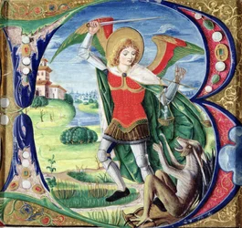 Historiated inicial &39;B&39; representando St. Michael e o Dragão, 1499-1511
