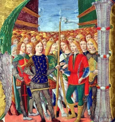 Historiated N inicial, representando St. Maurice e Theban Legion, Lombardy School, c.1499-1511