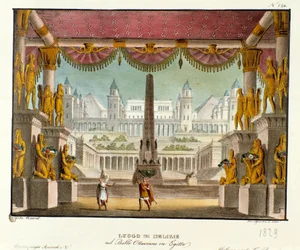Um lugar delicioso: vista do interior de um templo com estátuas Cenografia para o balé "Ottaviano in Egitto" do coreógrafo italiano Giovanni Galzerani (1780-1865) (1828). Litografia em "Raccolta di invenzioni sceniche del 1830 di Alessandro