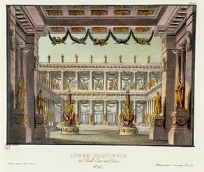 Um lugar magnífico: vista de um templo Cenografia para a representação do drama lírico "Enea nel Lazio" (1799) de Giuseppe Sarti. Litografia em "Raccolta di invenzioni sceniche del 1830 di Alessandro Sanquirico (1777-1849)". particular milanês
