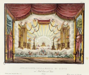 Aspecto do reino de Júpiter Cenografia para a representação da ópera "Enea nel Lazio" (1799) de Giuseppe Sarti. Litografia em "Raccolta di invenzioni sceniche del 1830 di Alessandro Sanquirico (1777-1849)". coleção particular milanesa