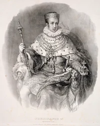 Fernando I (1793-1875), rei da Lombardia-Venécia, em trajes de Estado, de «Coroação de Sua Majestade Imperial e Real Fernando I, rei do Reino Lombardo-Véneto», publicado em 1838
