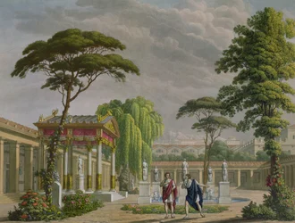 Jardins da Casa de Diomède em Pompéia, decoração para a ópera &39;Os Últimos Dias de Pompéia&39; de Giovanni Pacini (1796-1867), realizada no La Scala, Milão, 1827