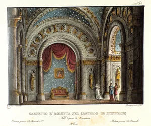 Gabinete de Isoletta no Castelo de Montolino na Bretanha Cenografia para a apresentação no Teatro alla scala em 1829 da ópera "La straniera" (1828) de Vincenzo Bellini. Litografia em "Raccolta di invenzioni sceniche del 1830" de Alessandro Sanquirico.