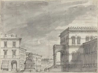 Praça com um monumento equestre e um palácio