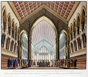 Cenografia de Sanquirico para a ópera "La gazza ladra" de Gioacchino Rossini representada no Teatro alla Scala em Milão em 1817: o Tribunal du Podestat perto de Paris.