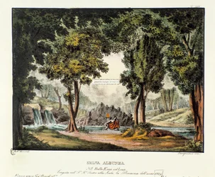 A floresta da Sibyl Albunea Cenografia para a representação do drama da ópera "Enea nel Lazio" (1799) de Giuseppe Sarti. Litografia em "Raccolta di invenzioni sceniche del 1830 di Alessandro Sanquirico (1777-1849)". colecções privadas milanesas