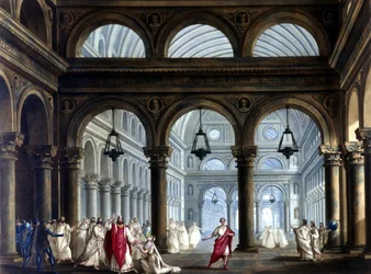 O templo da Irminsul na ópera "Norma" de Vincenzo Bellini (1801 - 1835): Cenografia de Sanquirico para o espetáculo no teatro de La Scala em Milão, em 1833.